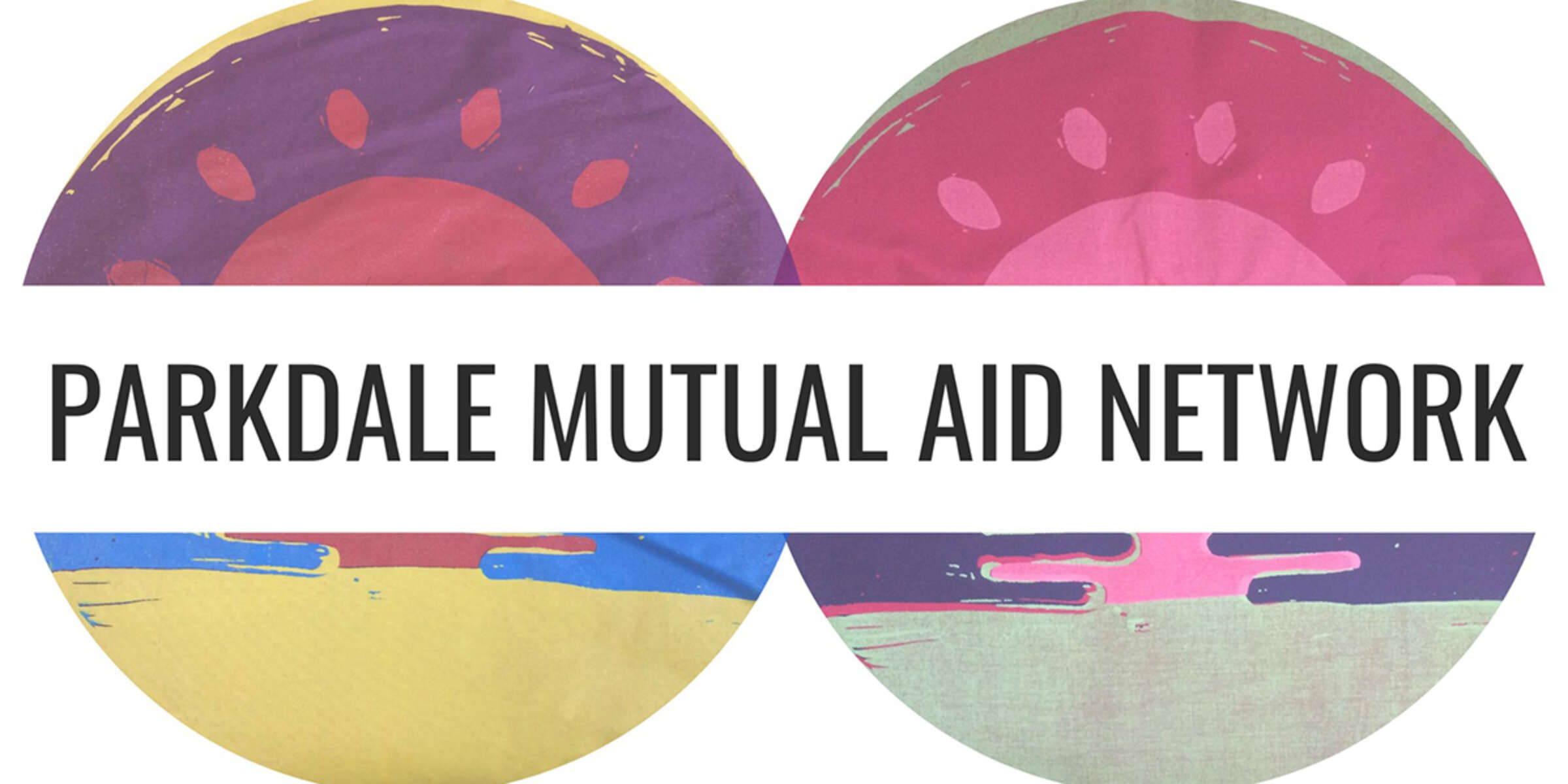 Two circular, abstract designs featuring a sunrise or sunset in vibrant colors. Text in the center reads "PARKDALE MUTUAL AID NETWORK." The image conveys a sense of community and support.