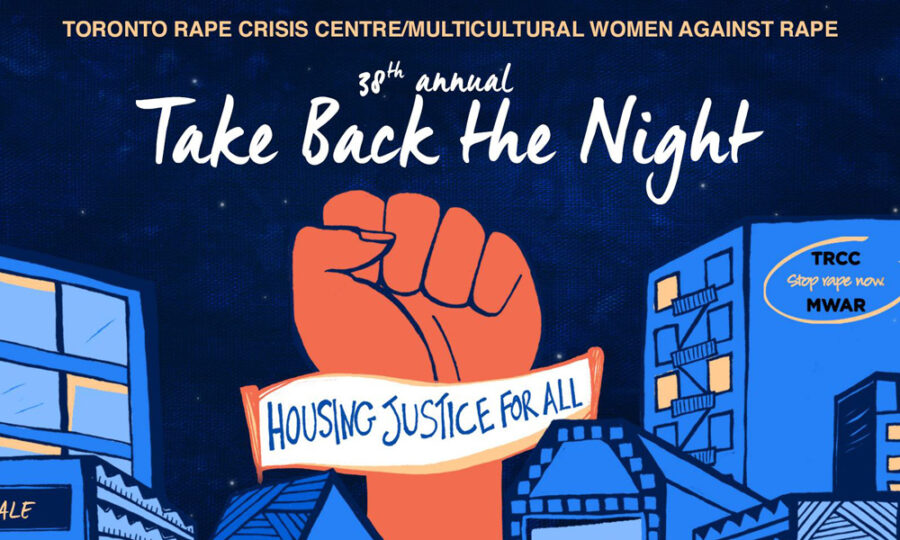 Illustrated event poster featuring a raised fist and text "Take Back the Night" in white with "30th annual" in smaller font above. The bottom banner reads "HOUSING JUSTICE FOR ALL." Background includes buildings and night sky. Organizer logos on the right side.