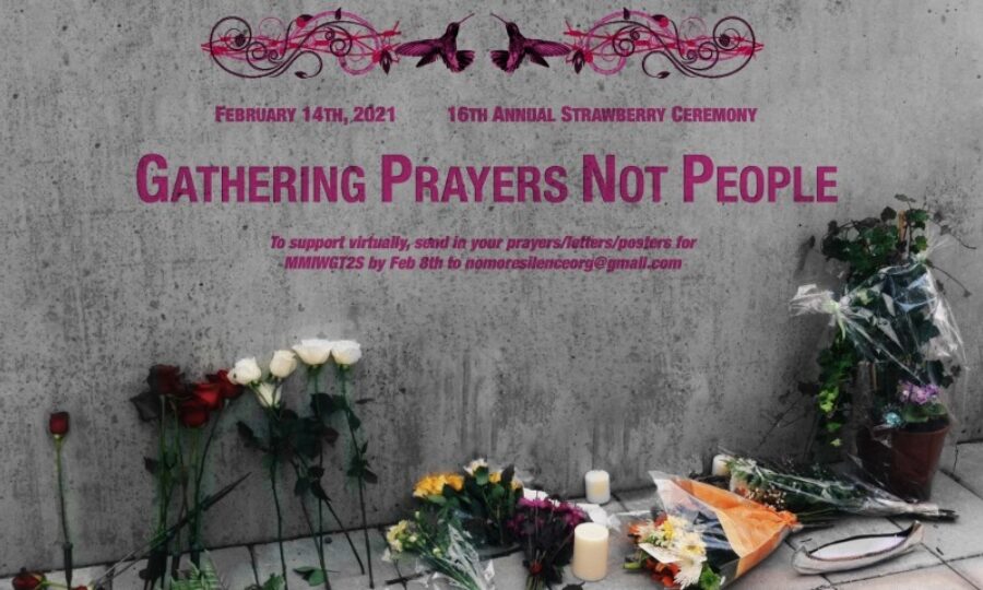 A poster for the 16th Annual Strawberry Ceremony reads "Gathering Prayers Not People" in bold. It announces the date and provides details for virtual participation. The background features flowers and candles placed against a concrete wall.
