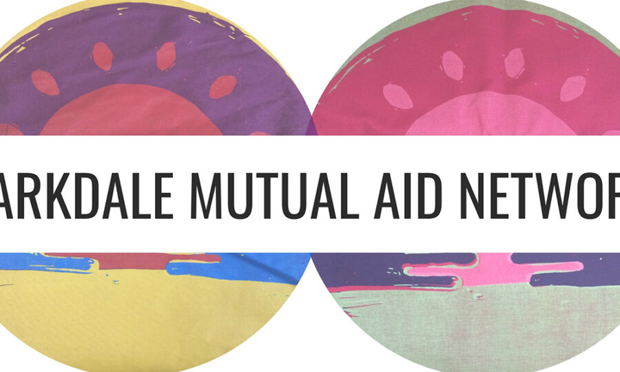 Two circular, abstract designs featuring a sunrise or sunset in vibrant colors. Text in the center reads "PARKDALE MUTUAL AID NETWORK." The image conveys a sense of community and support.