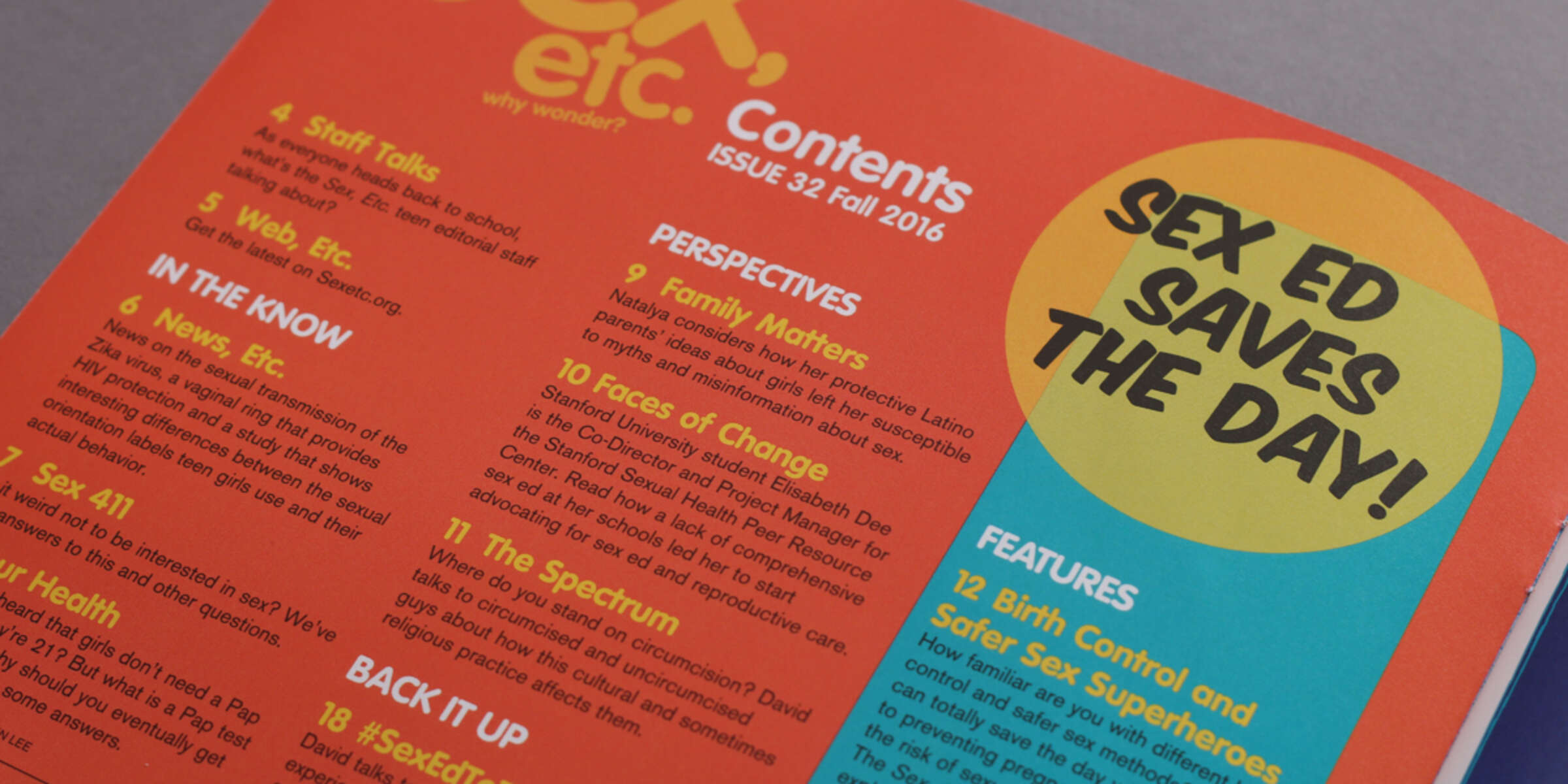 A close-up of a magazine page titled "Contents ISSUE 32 Fall 2016" with various article titles listed. A bold, bright yellow and red section on the right side of the page highlights the phrase "SEX ED SAVES THE DAY!.