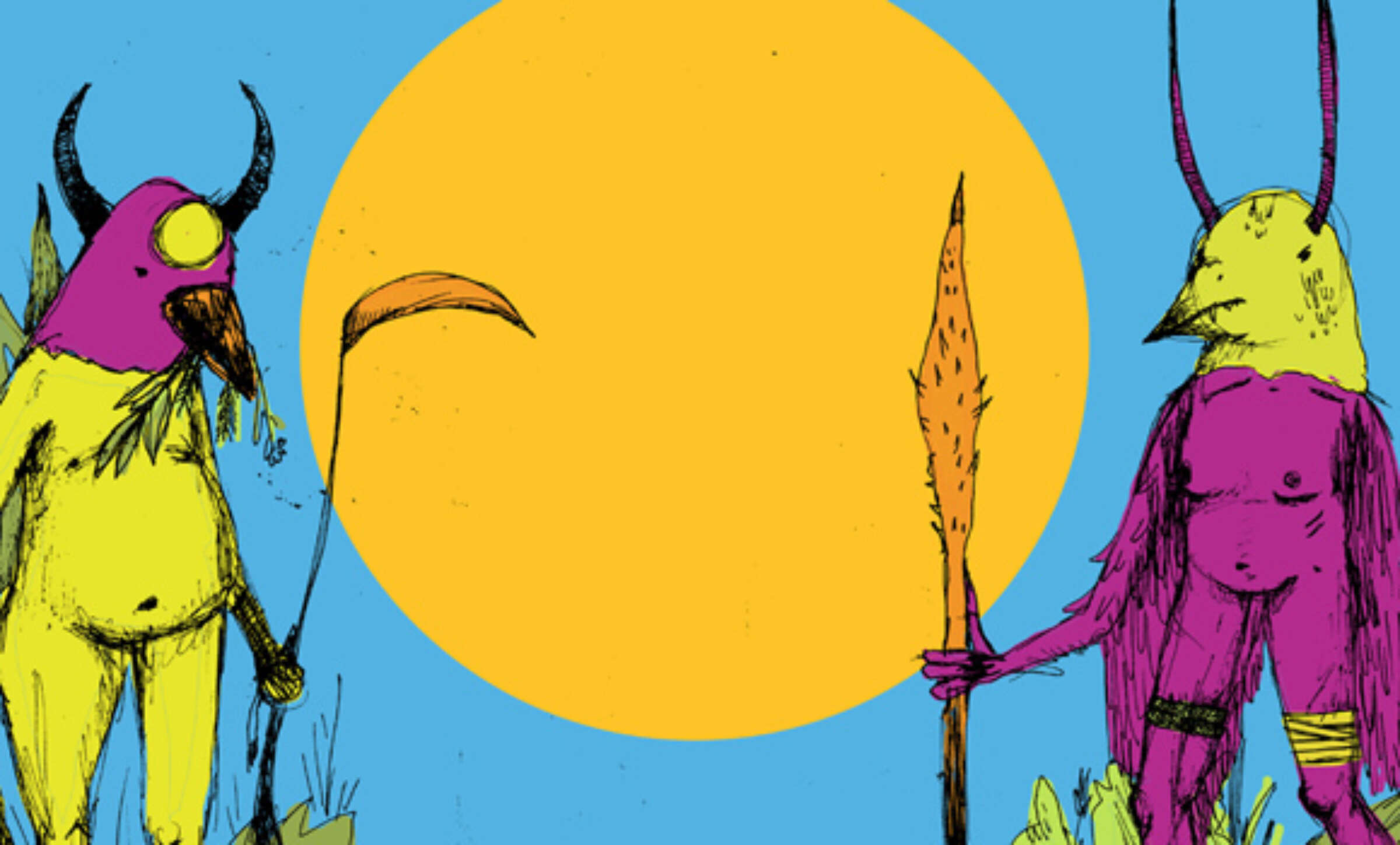 Two abstract, anthropomorphic creatures with bird-like features stand in front of a large yellow circle against a blue background. One has horns and leaf-like feet, holding a curved blade. The other holds a spear with an orange tip and has elongated ears and human-like legs.