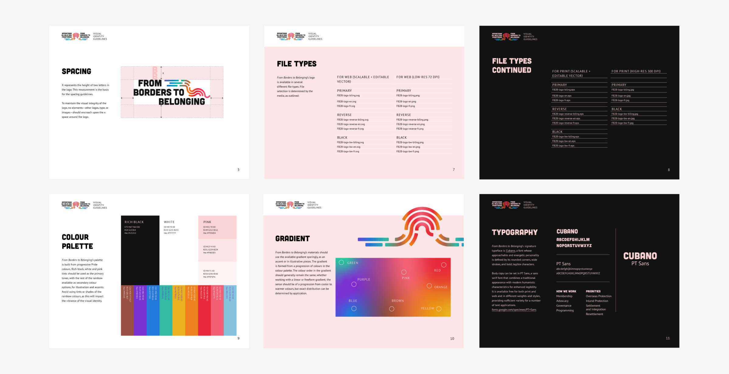 A six-panel image depicts guidelines. Panels include spacing advice, "FROM BORDERS TO BELONGING" text, file types, color palette, gradient info, and typography. Panels are visually designed with graphics, text, and color swatches on white, pink, and black backgrounds.