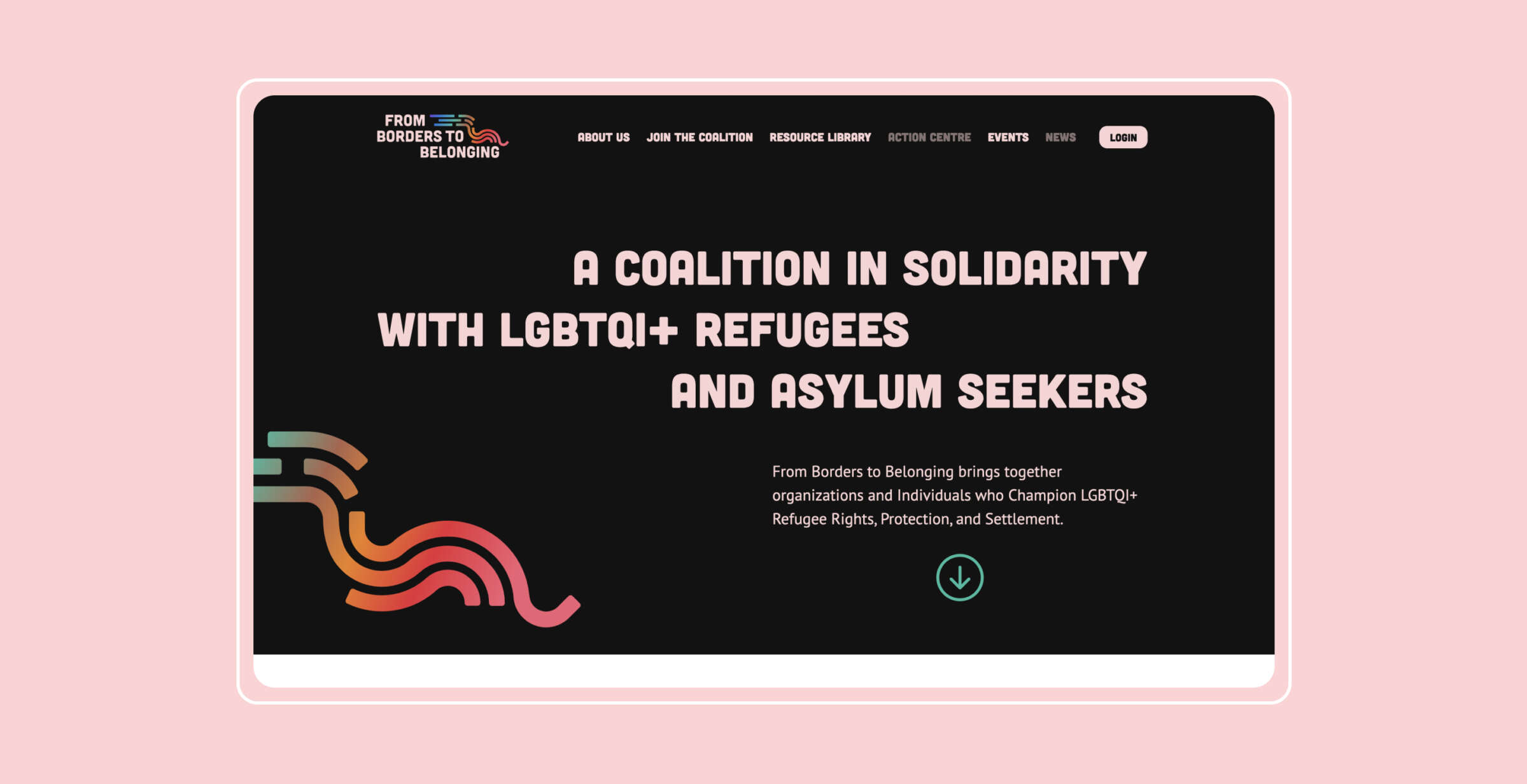 A webpage with a pink background and text that reads: "A Coalition in Solidarity with LGBTQI+ Refugees and Asylum Seekers." A description below states the coalition's mission to support organizations and individuals advocating for LGBTQI+ refugee rights, protection, and settlement.