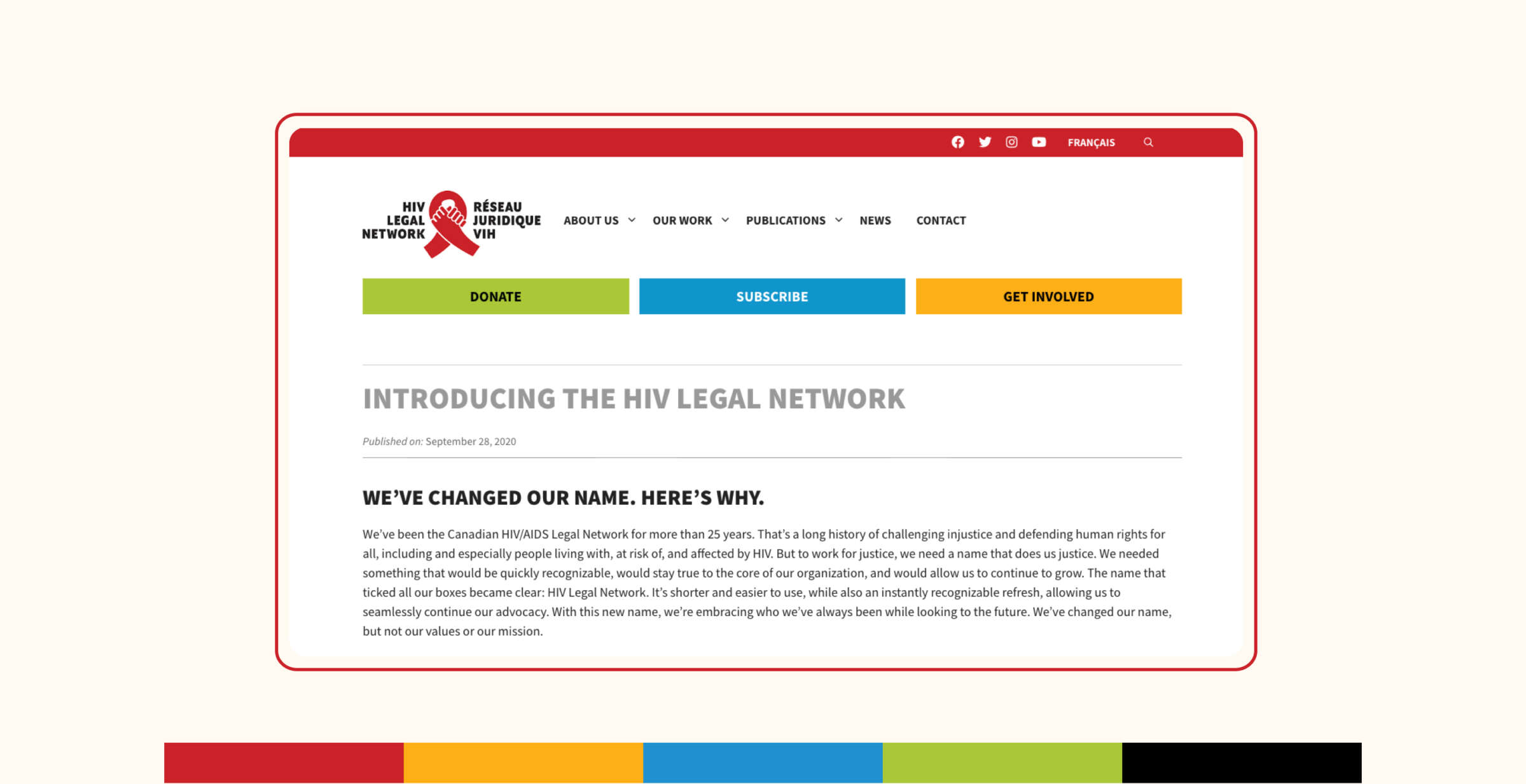 A screenshot of the HIV Legal Network website explaining why they changed their name. The page includes navigation links, donation options, and sections titled 'About Us,' 'Our Work,' 'Publications,' 'News,' 'Contact,' and 'Get Involved.' It was published on September 18, 2018.