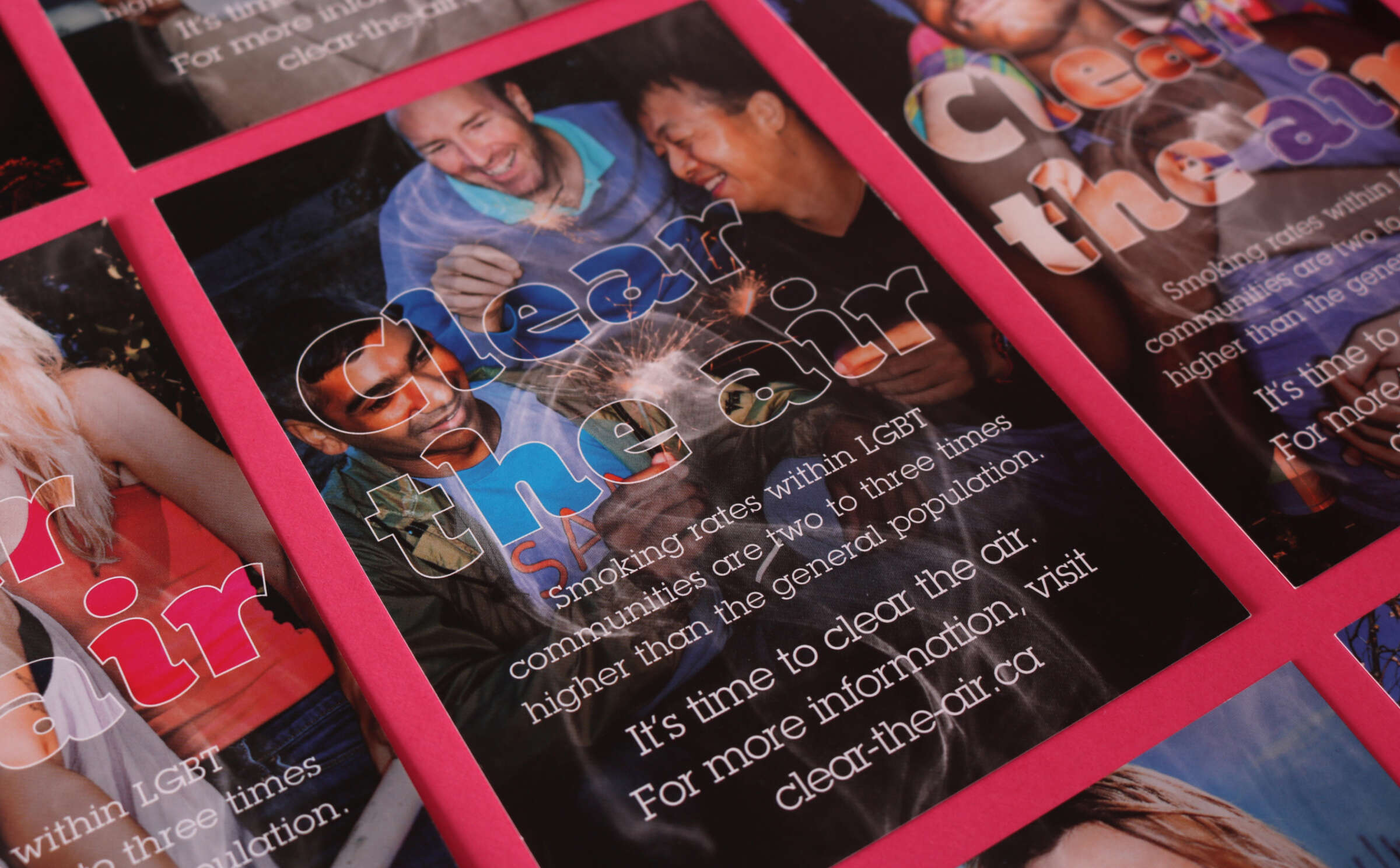 There's a group of diverse queer men connecting and laughing outdoors and holding sparklers. The headline "Clear the air" is in the foreground of the design.