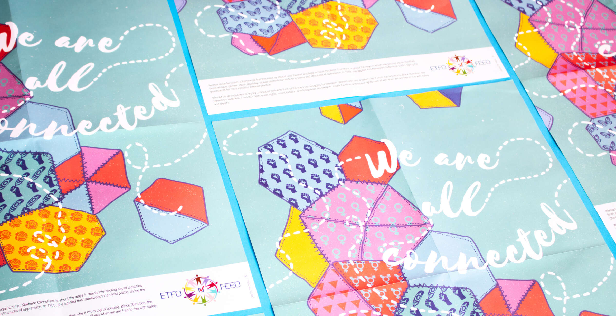 A collage of papers features colorful, interconnected hexagons, some with patterns of symbols representing diversity. The phrases "We are all connected" are written in white cursive font across the papers. The logo for ETFO/FEEO is at the bottom of each paper.