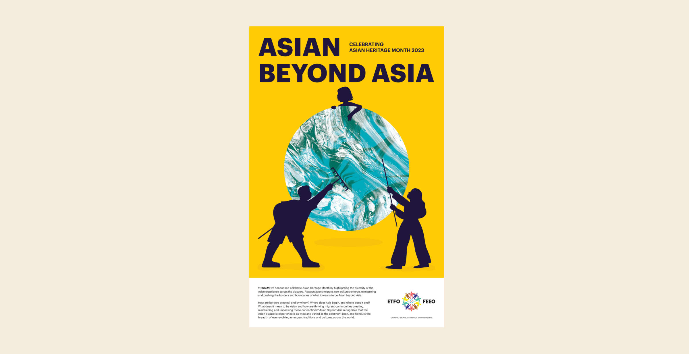 Poster titled "Asian Beyond Asia: Celebrating Asian Heritage Month 2023" featuring a yellow background, a blue-green circular design in the center, and three silhouettes - two adults and one child. Includes event details and logos at the bottom.