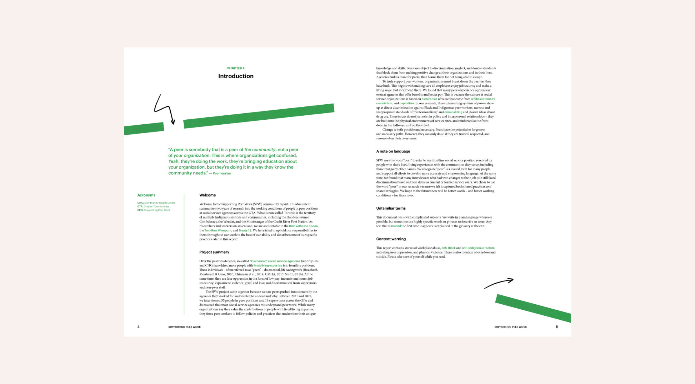 An open book showing a chapter titled "Introduction" in green text. The layout features two columns of text on both pages with green underlines, a few black and green arrows, and headers such as "Mission", "Project summary", and others.