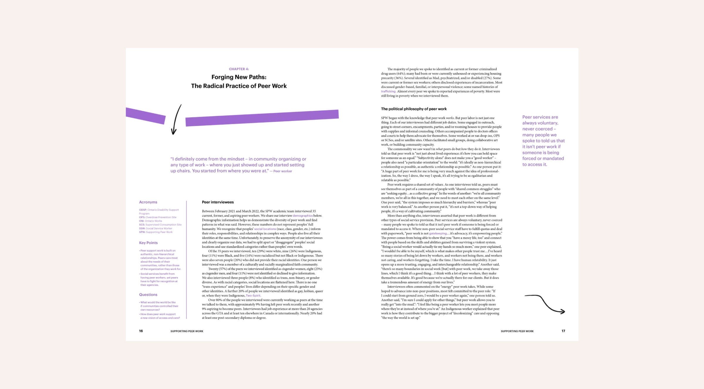 A two-page magazine spread titled "Chapter 1: Forging New Paths: The Radical Practice of Peter Work," featuring text in three columns with various headings and a sidebar on the left. Decorative purple arrows are placed on both pages.