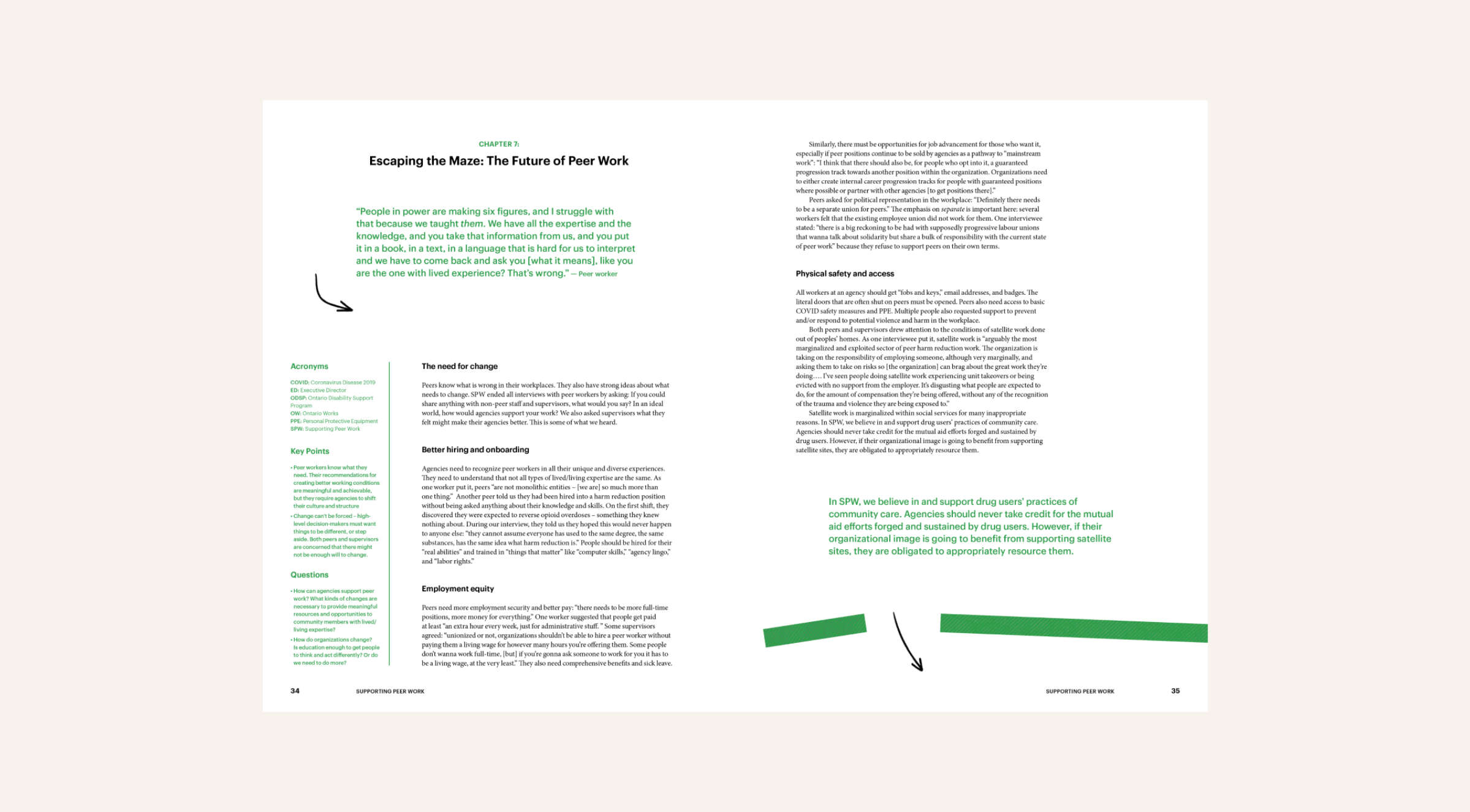 Open book spread showing a chapter titled "Escaping the Maze: The Future of Peer Work." The pages feature black text on a white background, green headers, and subheaders. Arrows point to sections on the bottom right and bottom left corners.