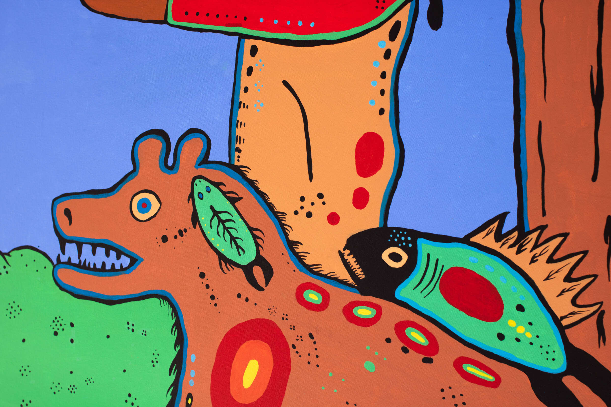 A colorful mural features an abstract depiction of a person with tan skin, standing next to a whimsically painted animal with a green body, red and yellow spots, and blue accents. The background is a shade of blue.