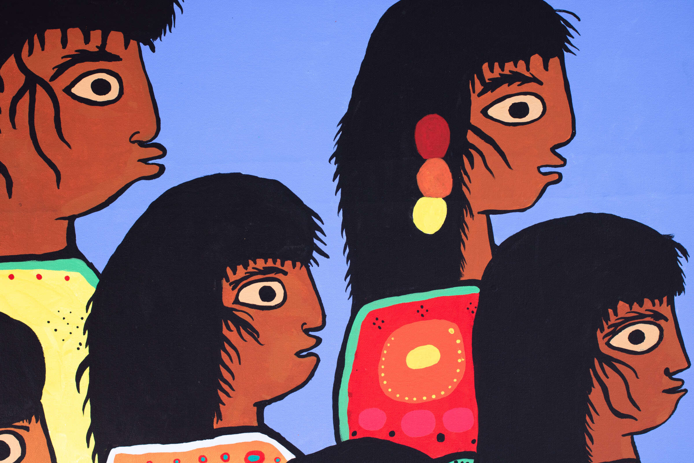 A colorful mural depicting stylized profiles of five people with exaggerated features. They have dark hair and varied vibrant clothing with geometric patterns. The background is a solid light blue.