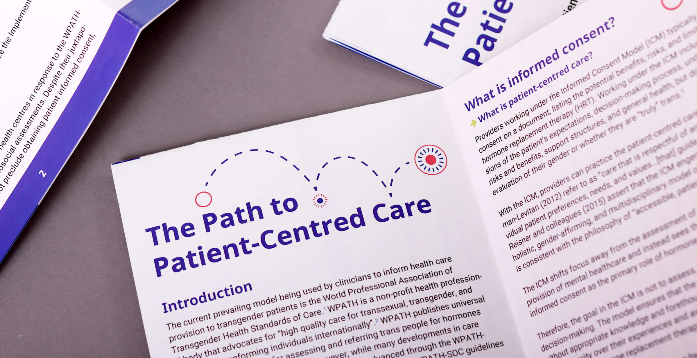 A close-up of an open booklet titled "The Path to Patient-Centred Care." The text discusses informing health care decisions, focusing on informed consent. The booklet is on a gray surface, and part of another document is visible in the top left corner.