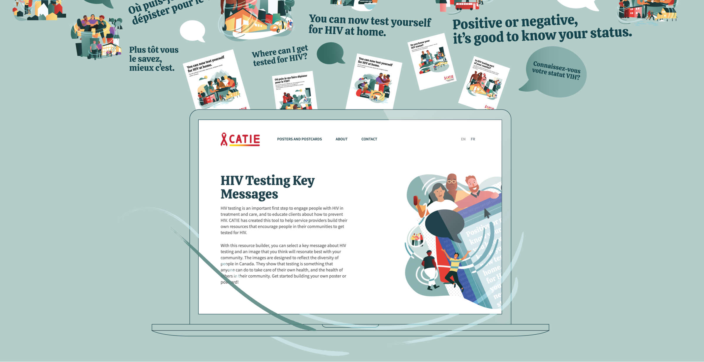 Illustration featuring a computer screen displaying information on HIV testing key messages by CATIE. Surrounding the screen are various bubbles with text about the importance of knowing your HIV status and testing at home, alongside illustrations of people and brochures.