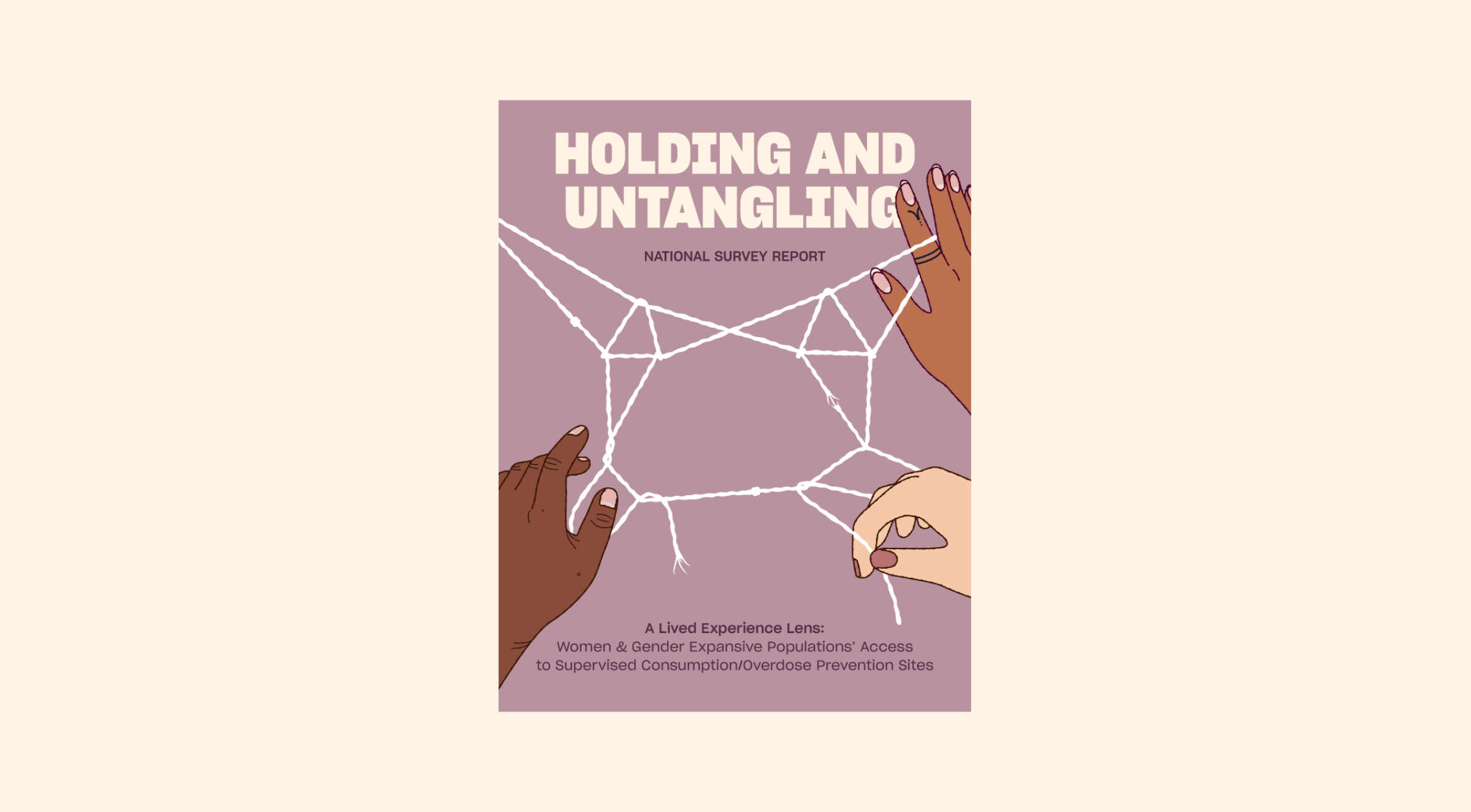 Illustrated cover of a report titled "Holding and Untangling: National Survey Report." Three hands of different skin tones work together to untangle a web of strings. The subtitle reads, "A Lived Experience Lens: Women & Gender Expansive Populations' Access to Supervised Consumption/Overdose Prevention Sites.