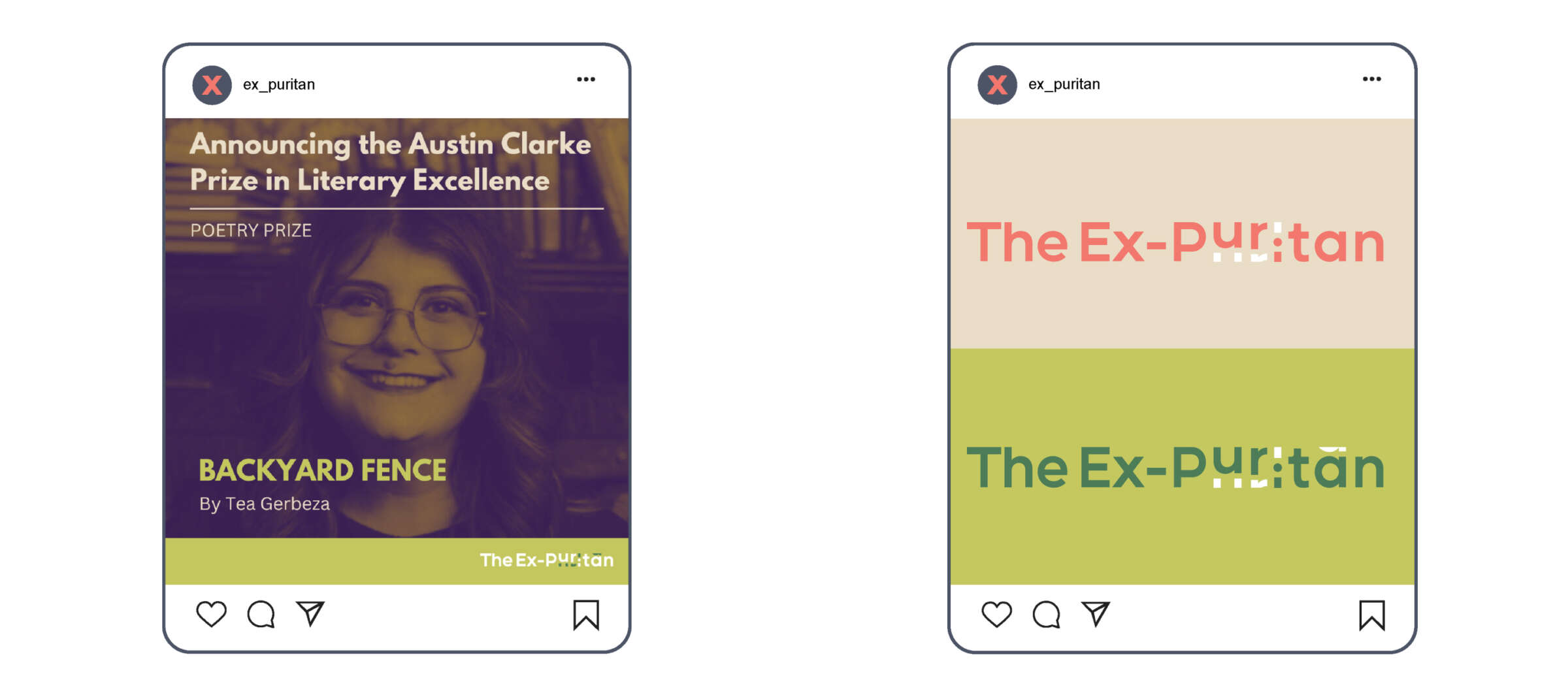 Two social media posts side by side. The left post shows a smiling person with glasses, brown hair, and the text "Announcing the Austin Clarke Prize in Literary Excellence" and "BACKYARD FENCE by Teá Gezibiza." The right post features text: "The Ex-Puritan" with different styles.