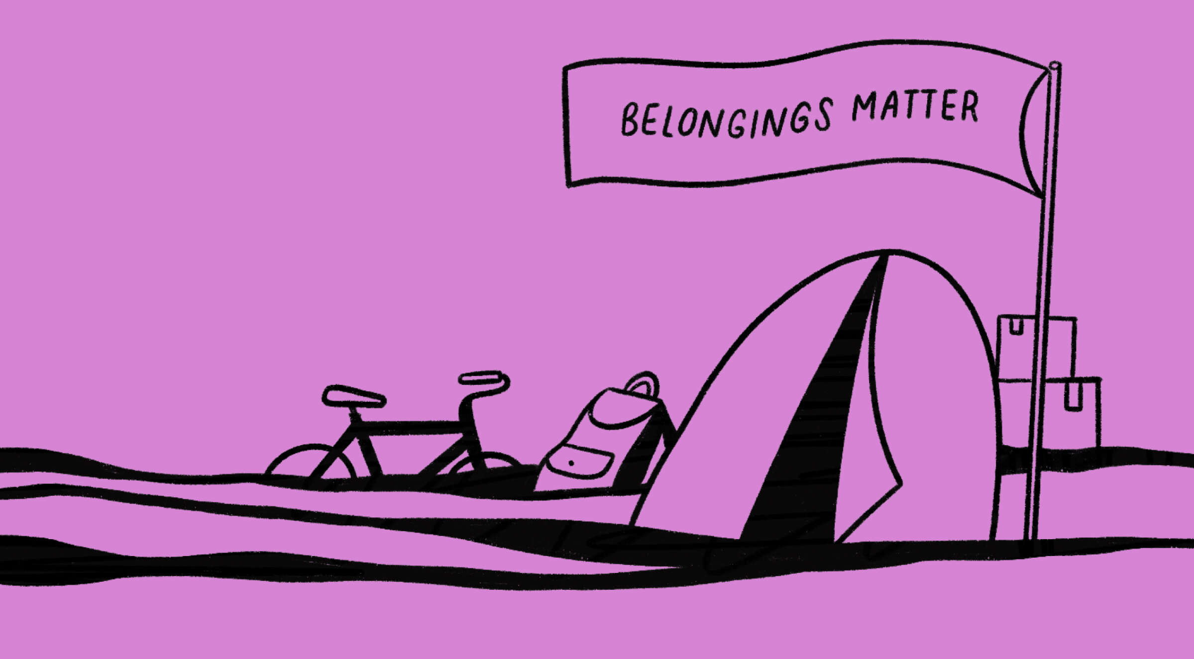 Illustration of a camping scene against a purple background. The scene includes a tent, a bicycle, a backpack, and stacked boxes. A flag with the words "Belongings Matter" is waving above the tent.