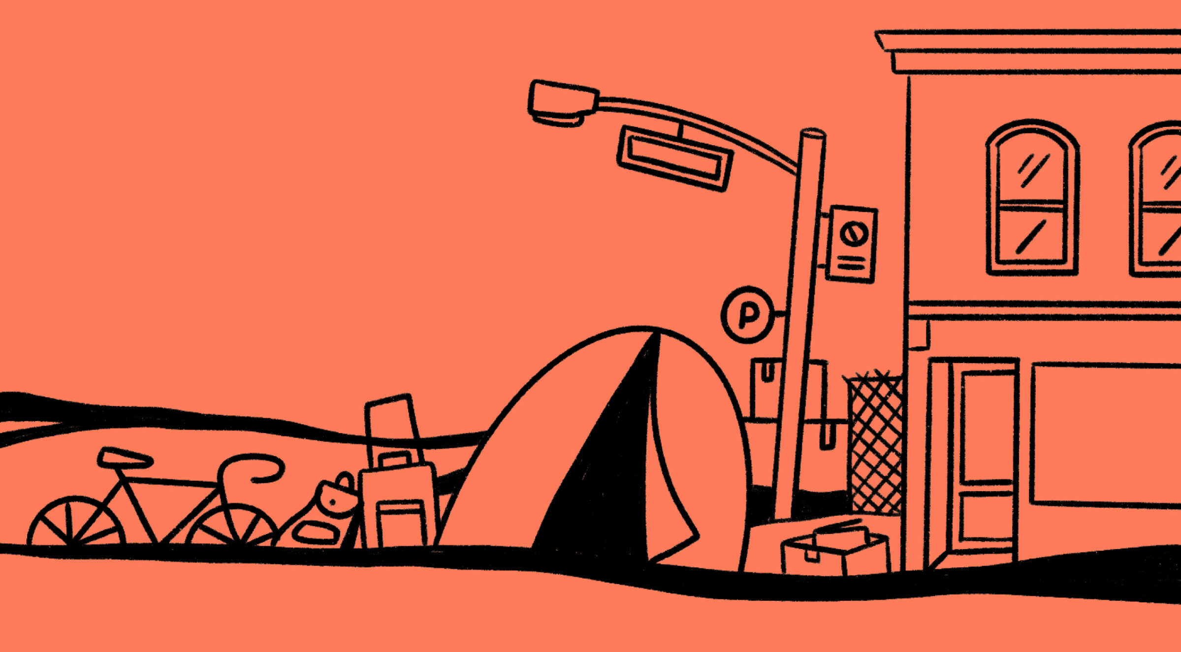 An illustration of an urban streetscape features a bicycle, a cat, boxes, and a tent set up on the sidewalk next to a building. A streetlamp with a traffic sign and parking meter is also present. The background is shaded in orange.