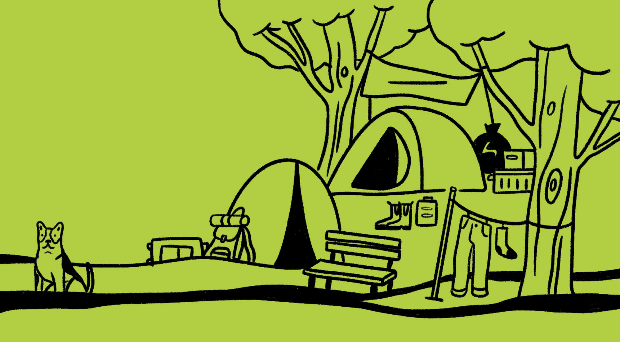 A simple line drawing of a campsite on a green background. It features two tents, a picnic table, a clothesline with hanging clothes, a backpack, and a dog standing nearby. Trees surround the area, and camping gear is scattered around.