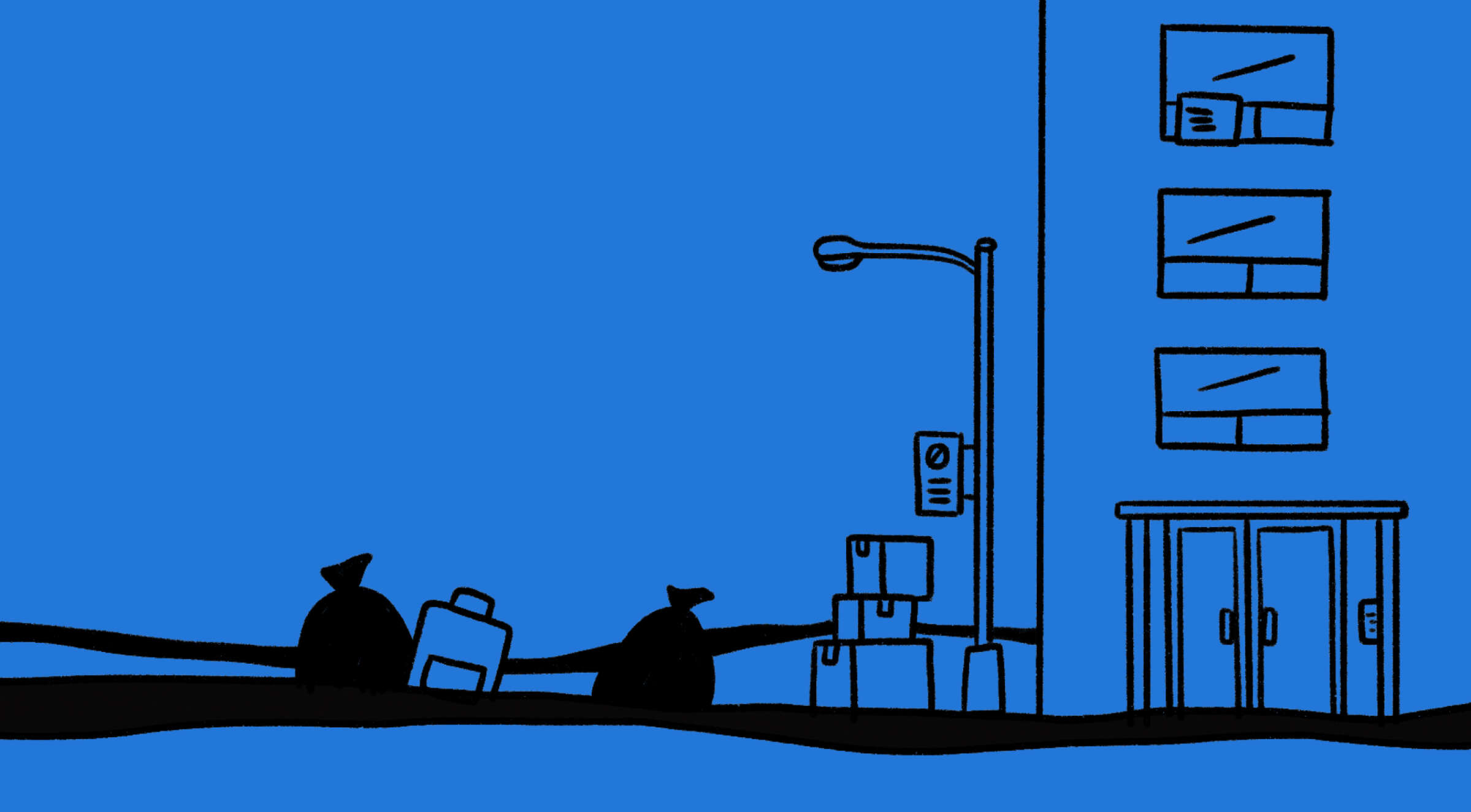 A minimalist black-and-blue illustration depicts an urban street scene with a building, a lamp post, and piles of garbage bags and boxes lining the sidewalk. The background is entirely blue, providing a stark contrast to the black outlines.