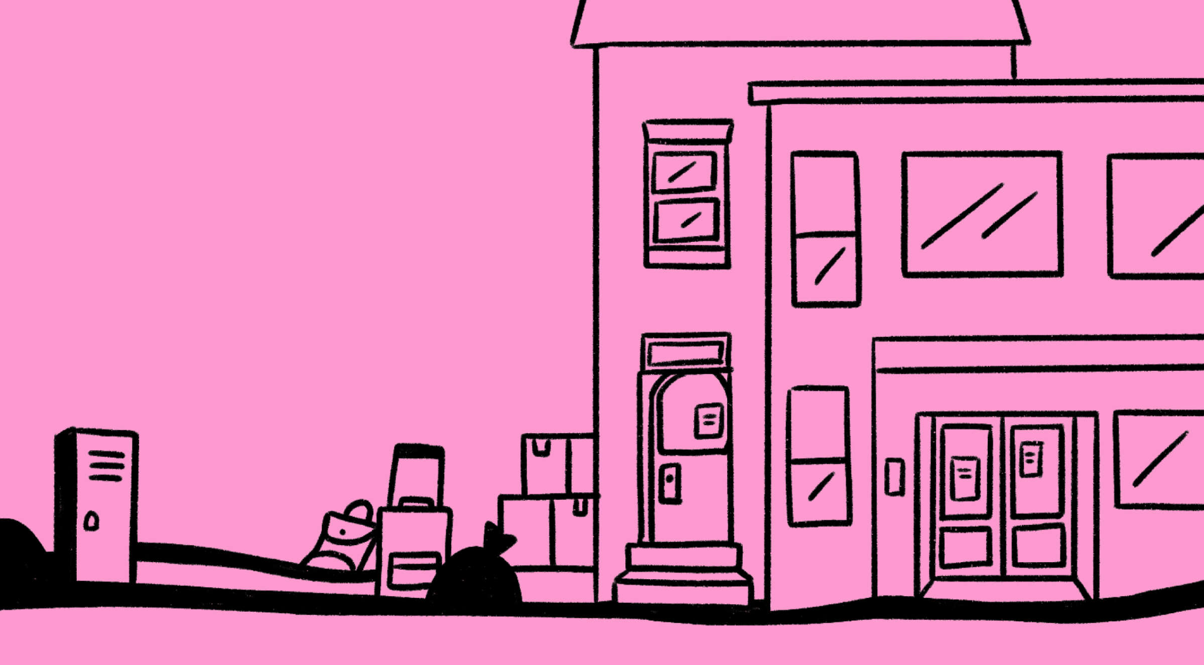 A simplistic black line drawing on a pink background depicts a house with stacked cardboard boxes, luggage, and trash bags outside. The house has multiple windows and doors, and a smaller structure is visible on the left.