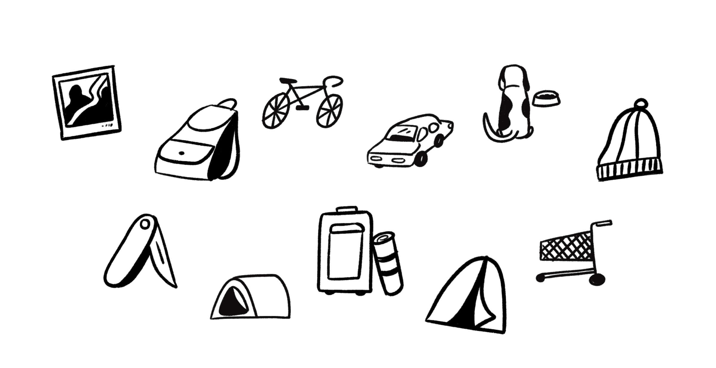 A black and white drawing features various travel and outdoor items, including a backpack, bicycle, two cars, beanie hat, shopping cart, suitcase, tent, Swiss Army knife, rolled-up sleeping pad, framed picture, and a camper van with a dish.