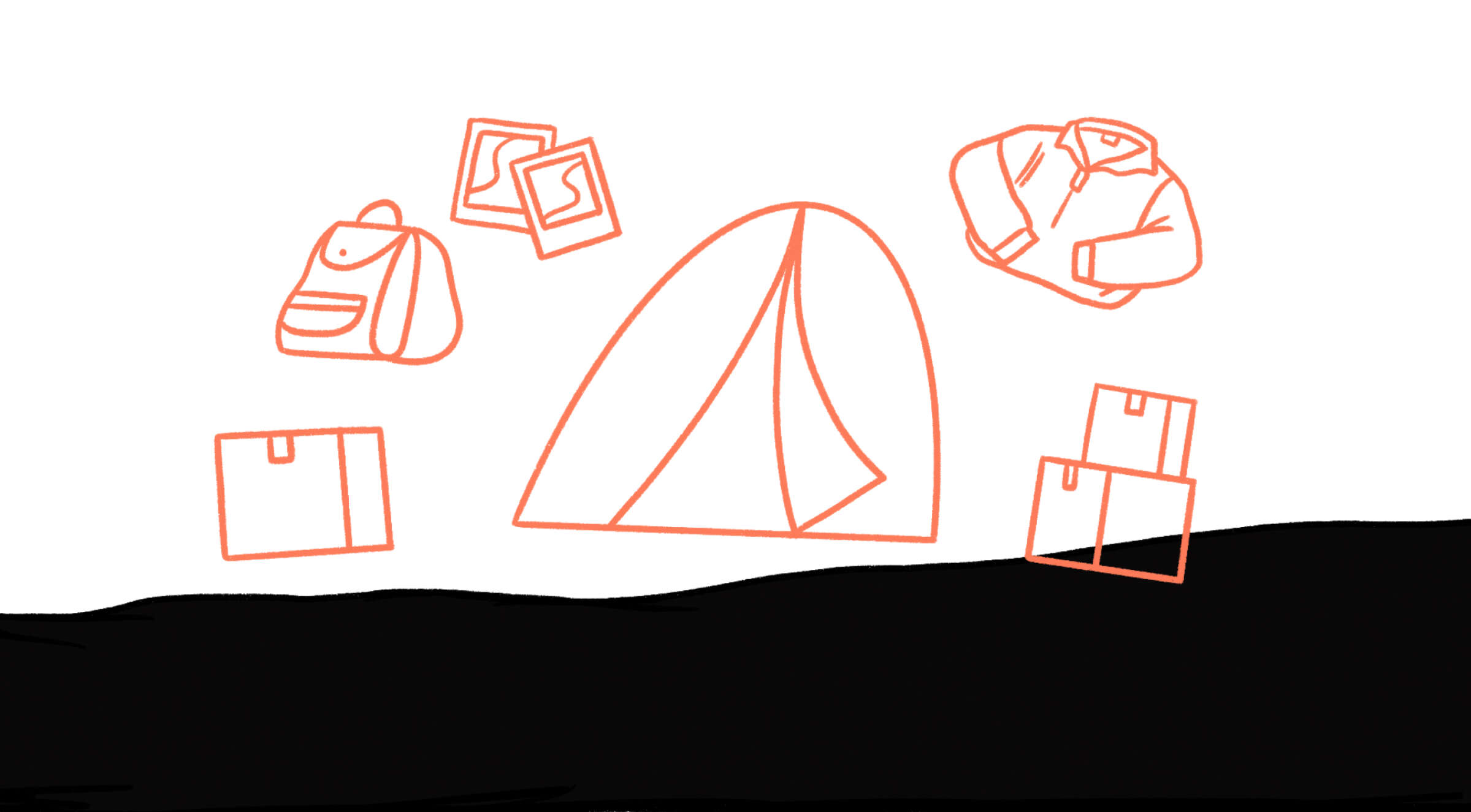 Illustration of a tent surrounded by camping items, including a backpack, a jacket, a couple of boxes, and two photographs. The items are all outlined in red against a white and black background.