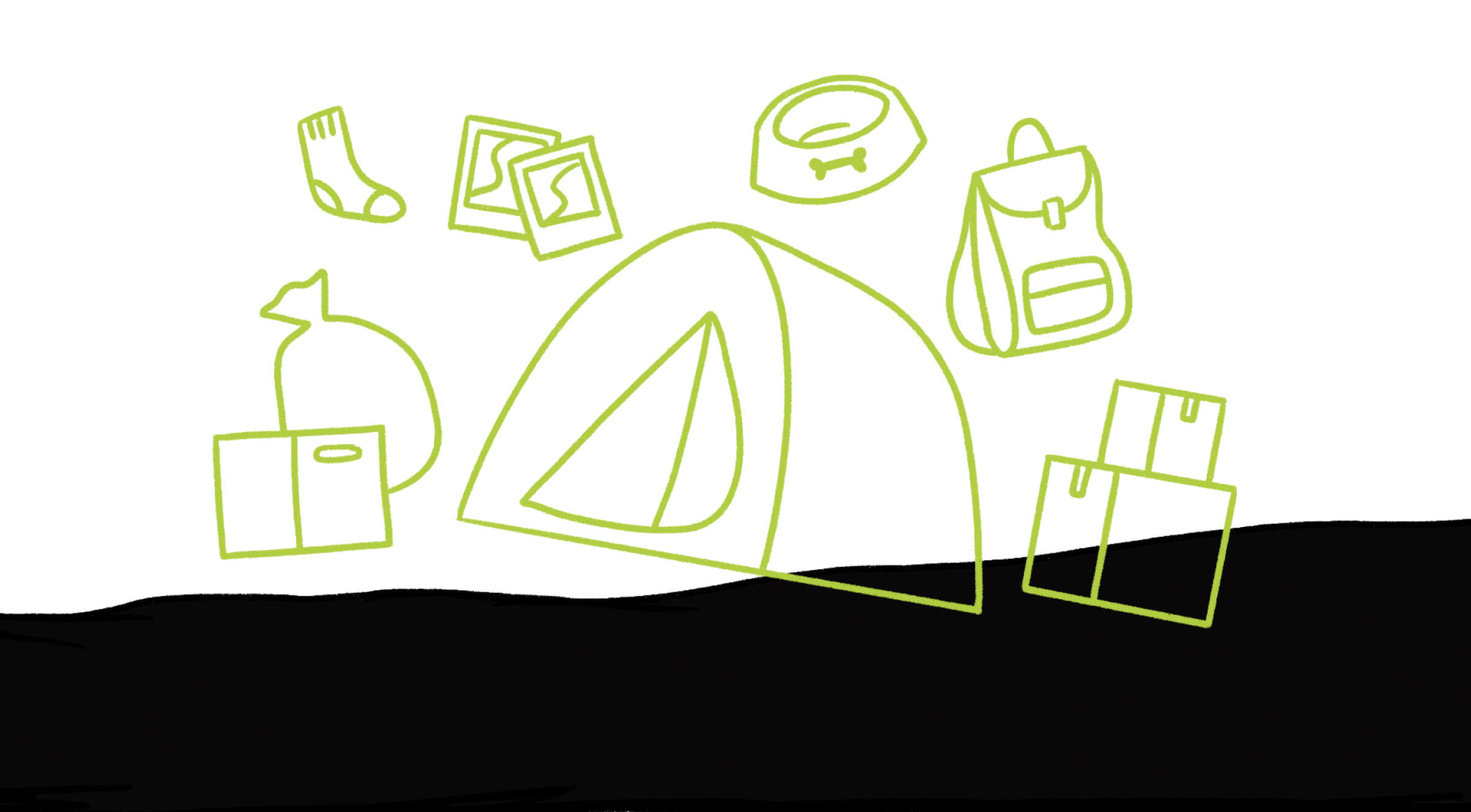 A line drawing features various camping items: a tent, a backpack, socks, a pet bowl, a pet bed, a bag of waste, and framed pictures. The items are green, placed against a white background with a horizontal black strip at the bottom.