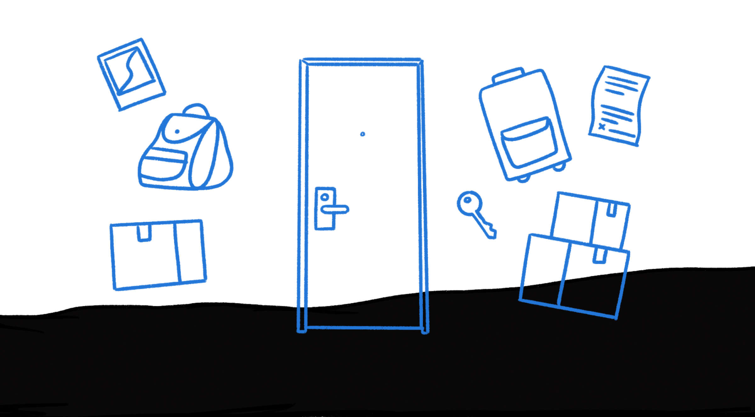 A minimalist illustration of a closed door with a keyhole and door handle. Surrounding the door are several items, including a backpack, a piece of paper, a suitcase, a key, a box, and a picture frame, all depicted in a simple blue line-drawing style.