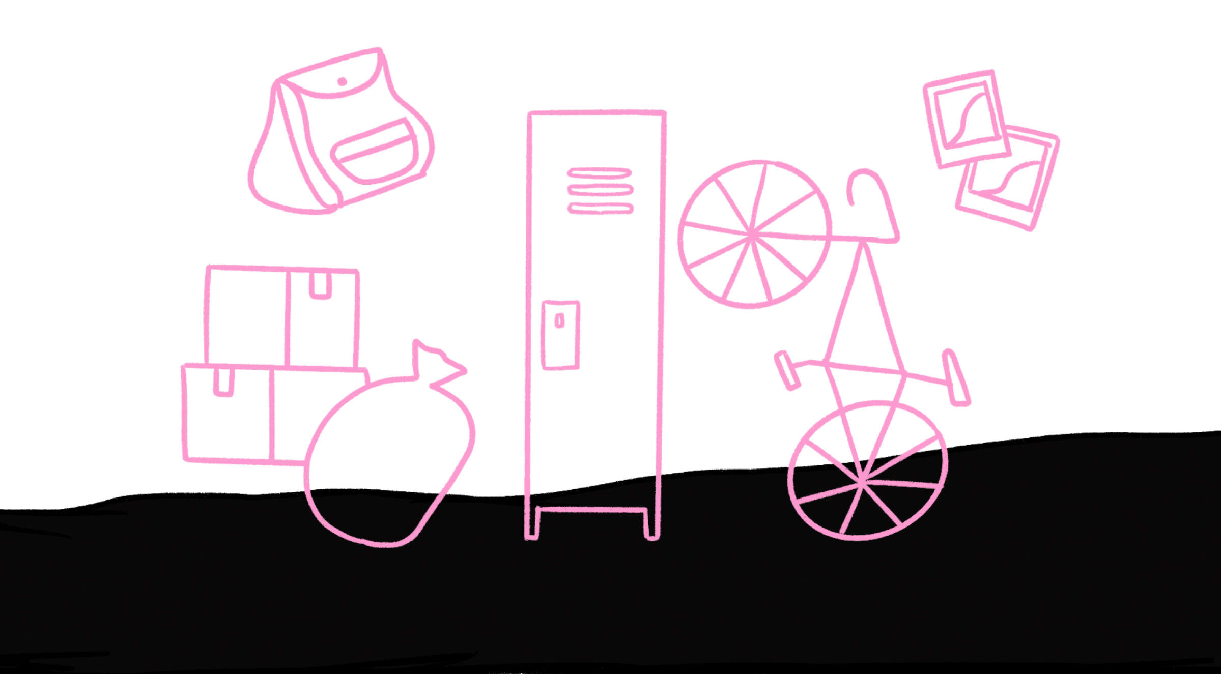 A simple pink line drawing on a black and white background features a backpack, three boxes, a duffel bag, a locker, a bicycle, and two picture frames.