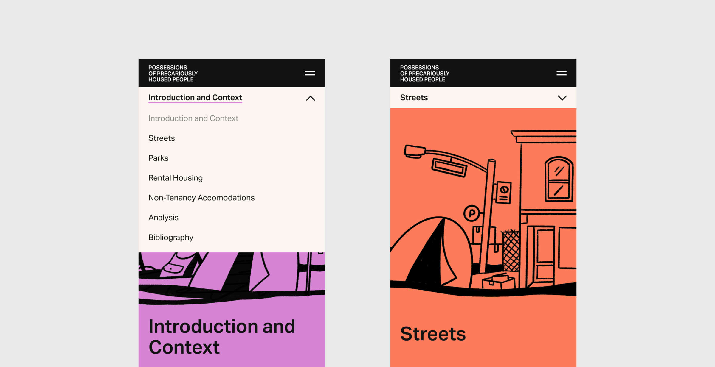 Two screenshots of a mobile website interface are shown side by side. The left screenshot features a menu with options such as Introduction and Context, Streets, and Parks. The right screenshot displays an illustration of a street with a tent and buildings.