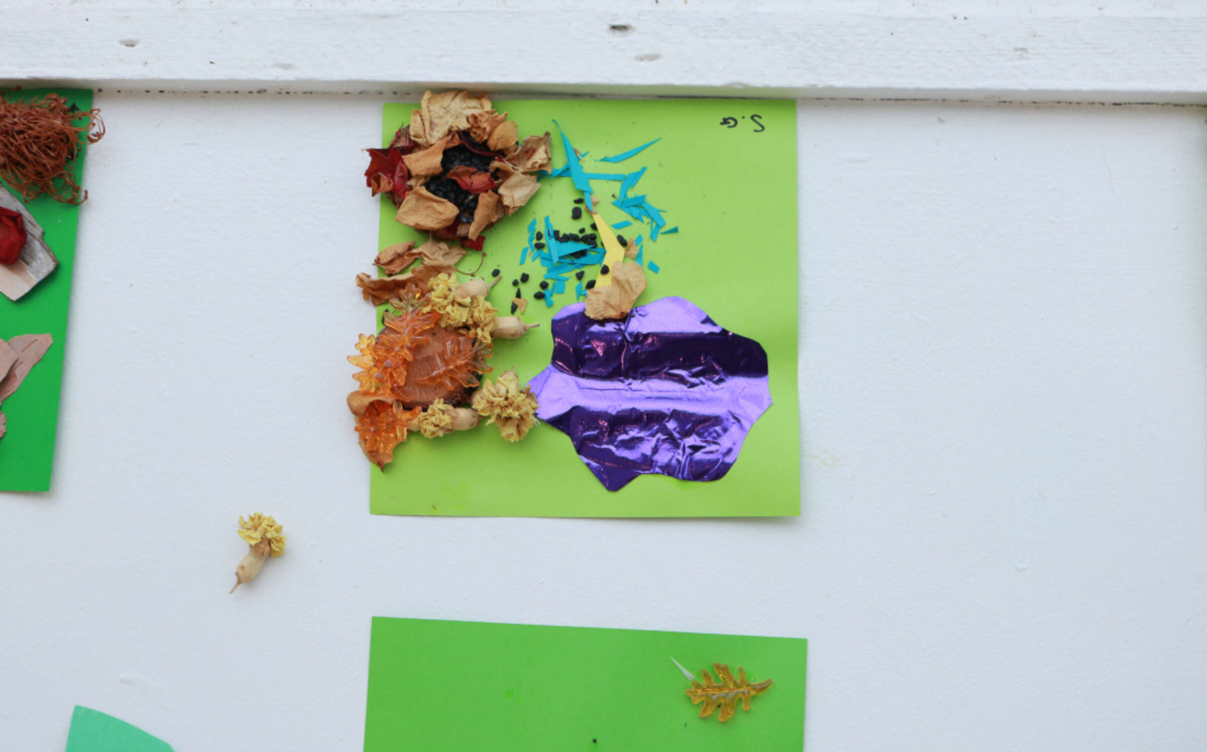 A bright green paper with a collage of textured materials, including dried leaves, small flowers, shredded paper, and a crumpled piece of shiny purple foil, is displayed against a white background. Pieces of other artworks with similar themes can be partially seen around it.