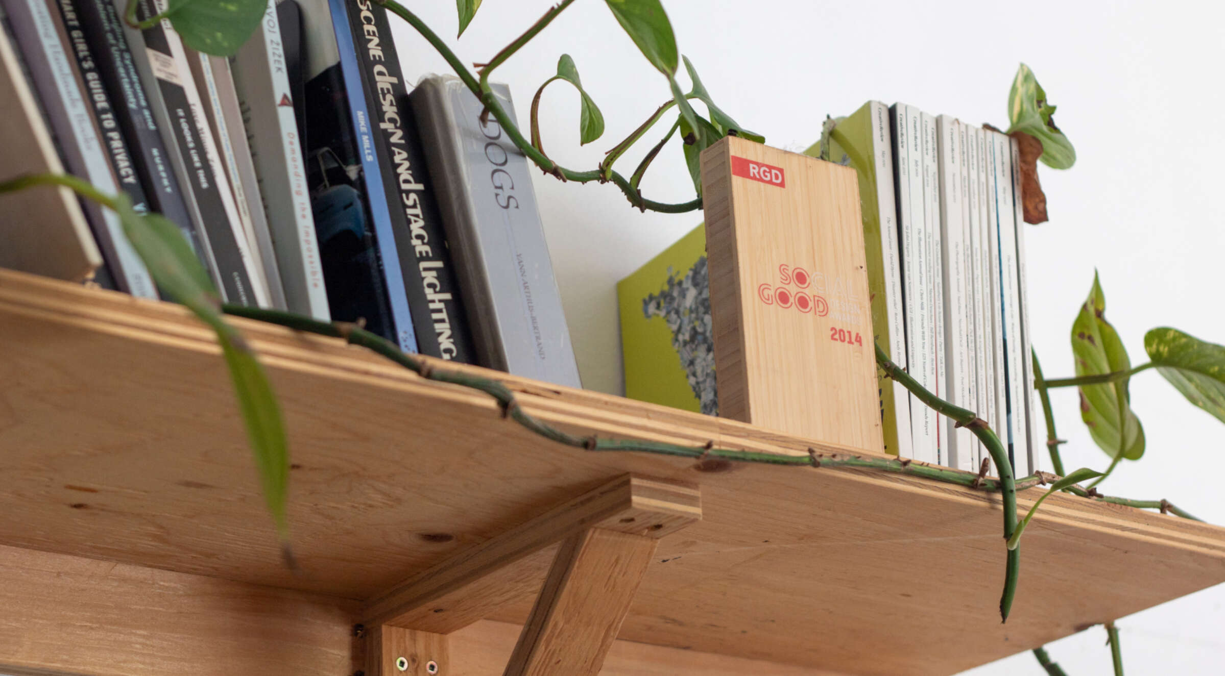A wooden shelf is filled with various books and magazines, with a leafy green plant winding around the items. One prominent book is titled "So Good" and dated 2014. The shelf is supported by sturdy brackets attached to a white wall.