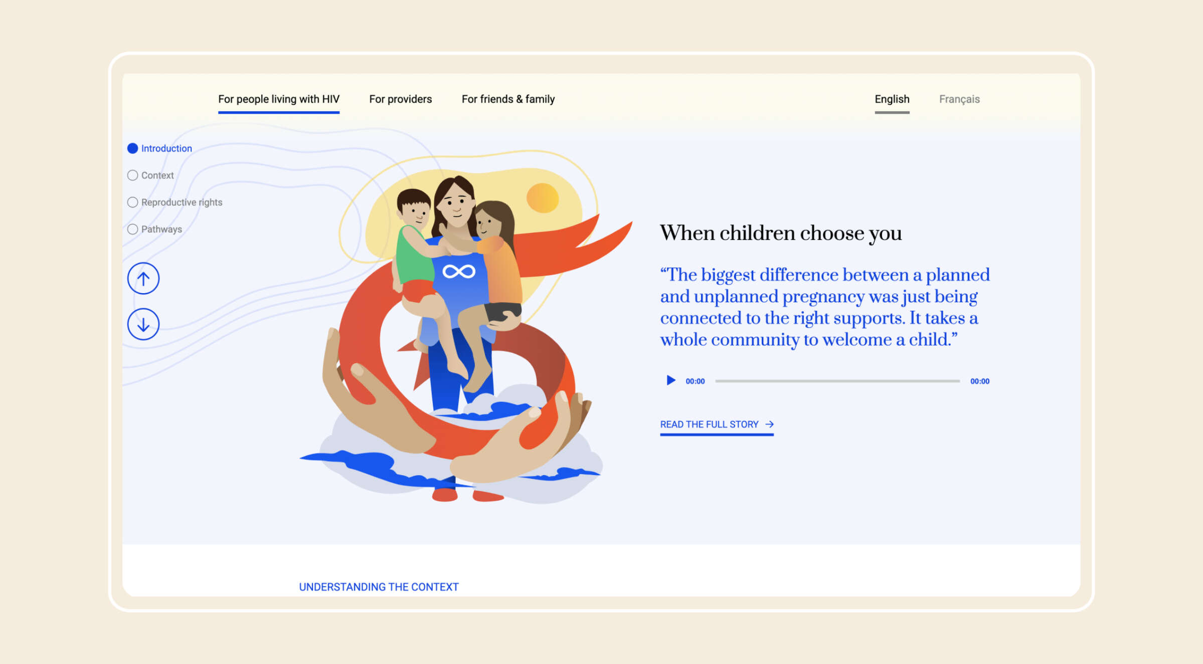 Illustration of a caring scenario, showing an adult and two children surrounded by supportive hands. Text reads, "When children choose you," emphasizing planned and supported pregnancy's importance. Interactive navigation for HIV information is present.