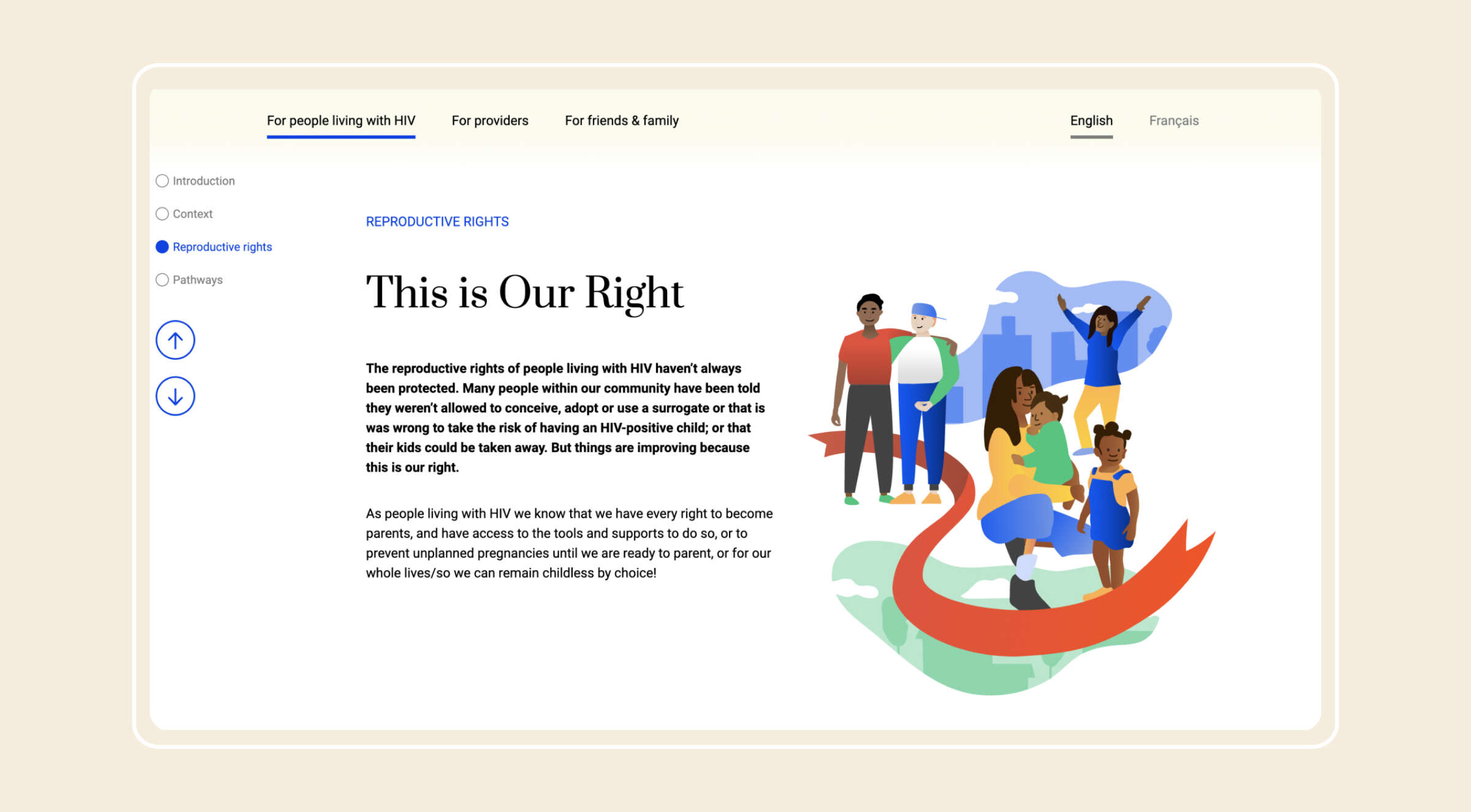 A website page on reproductive rights for people living with HIV. It includes a header, a menu on the left with various sections, and an illustration of diverse individuals, including a pregnant person, children, and a baby. The text discusses reproductive rights.