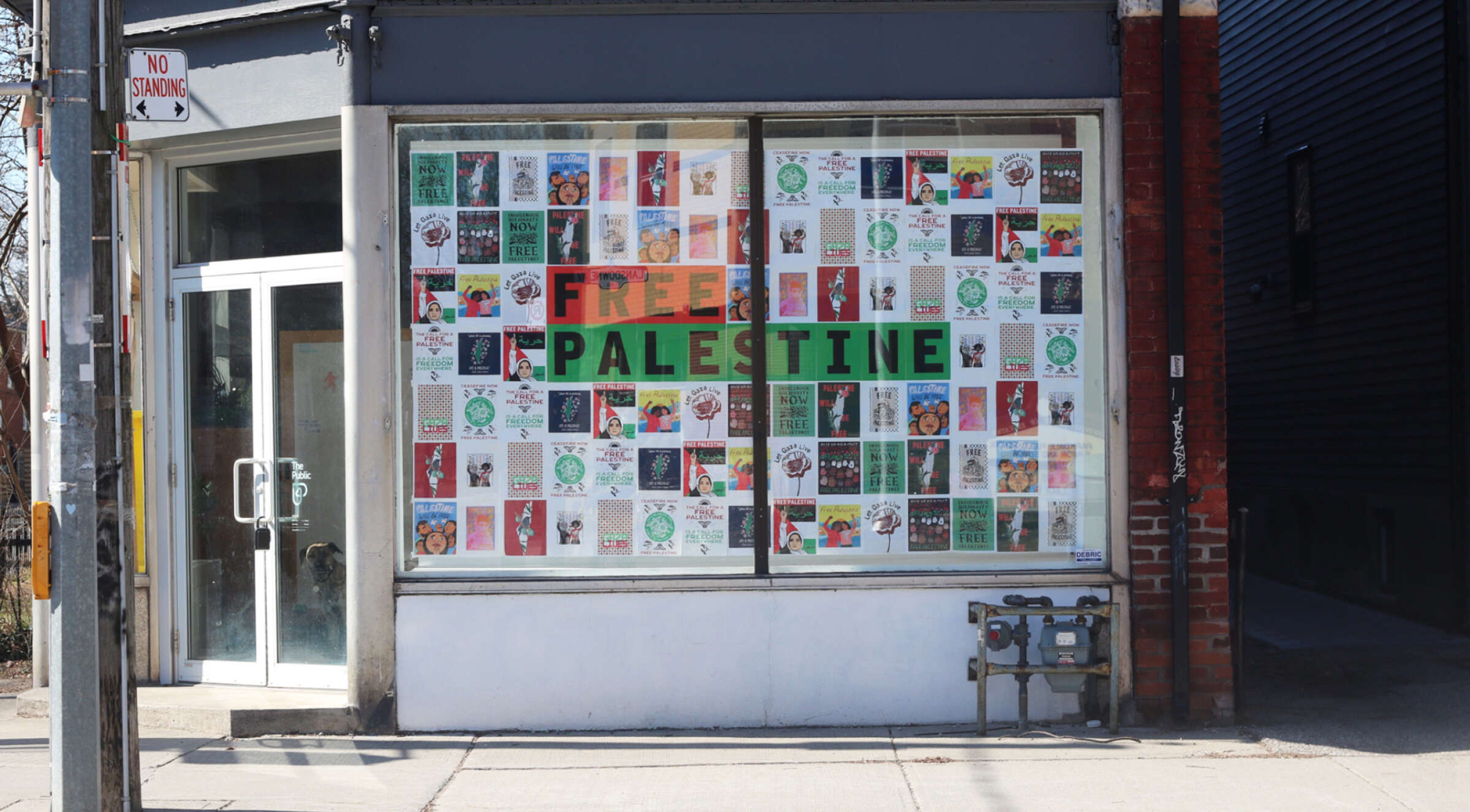 A storefront with large windows displaying numerous posters advocating for Palestinian rights. The phrase "FREE PALESTINE" is prominently featured in bold letters across multiple posters in the window. A street sign indicating "No Standing" stands nearby on the sidewalk.