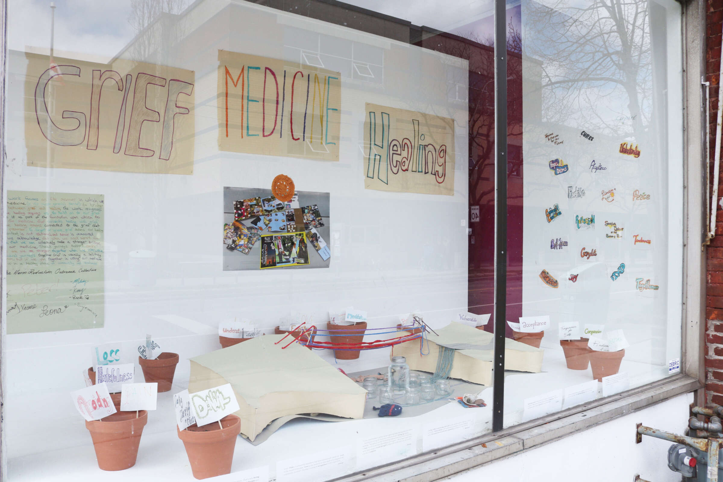 A storefront window display featuring potted plants with labels, photos, and colorful sticky notes. The background has a banner that reads "Grief, Medicine, Healing." The setup suggests themes of emotional healing and community engagement.