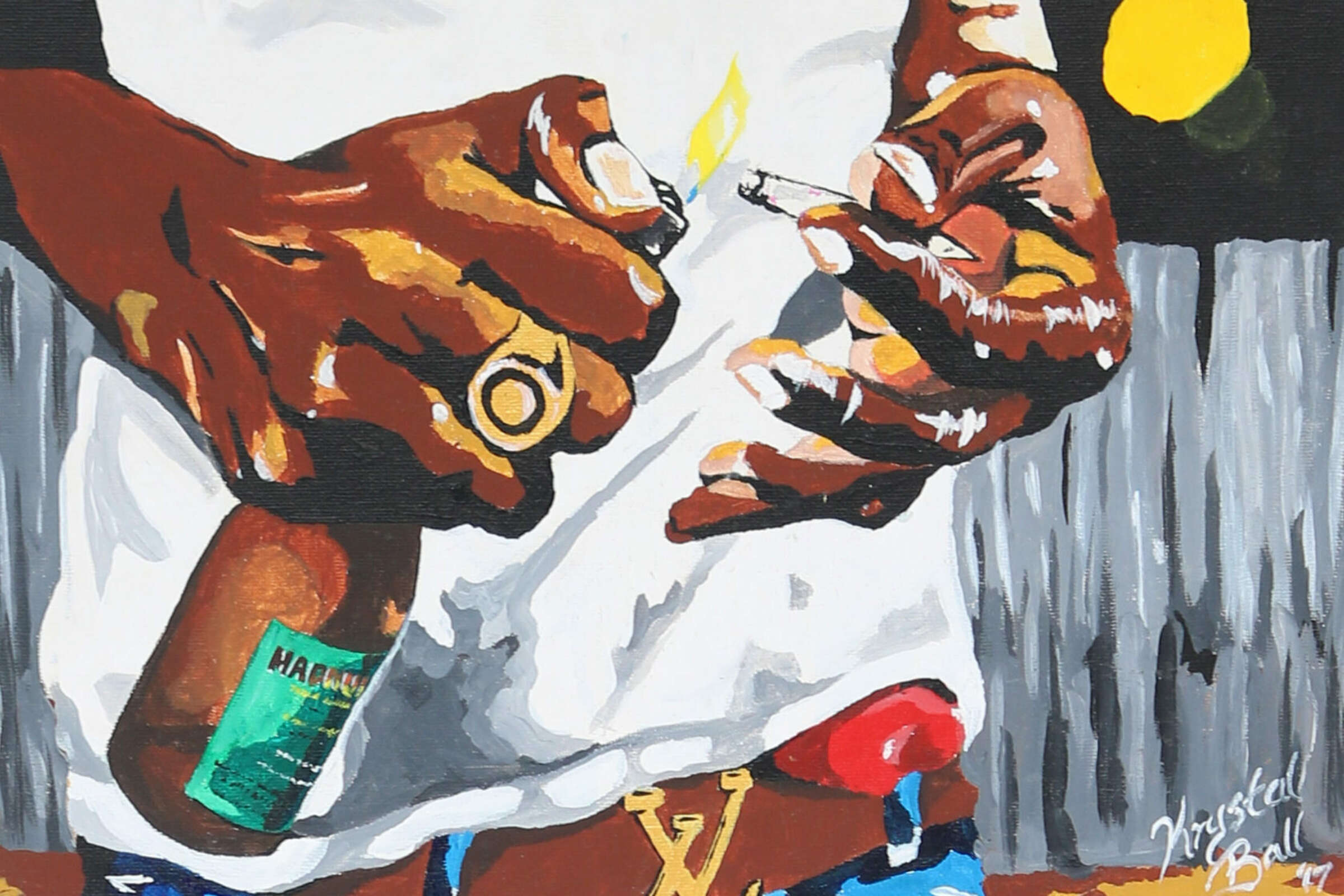 A painting depicts a close-up of a person's hands. One hand is holding a bottle with a green label, while the other hand holds a lit cigarette. The person is wearing a white shirt, and a brown belt with a "V" shaped buckle is visible. The background is blurry.