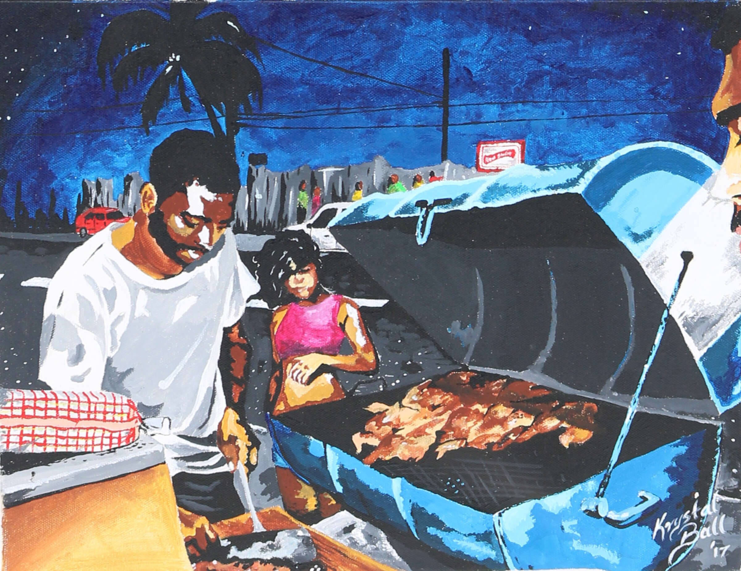 A painted scene shows a man grilling food on an open barbecue with a woman standing nearby. The backdrop is a vibrant, night-time setting with a deep blue sky and a palm tree silhouetted against city lights. A checkered cloth is draped on a table in the foreground.