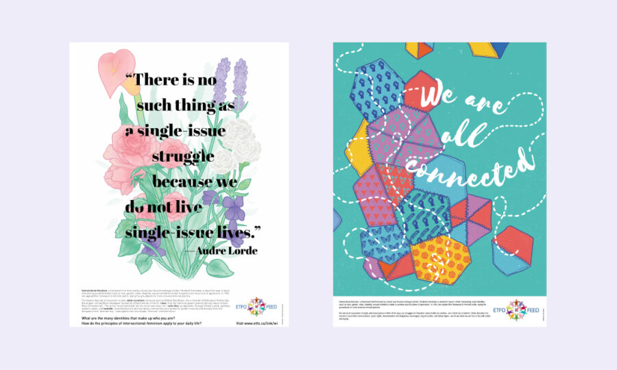 Two posters side by side. The left poster features colorful flowers and a quote by Audre Lorde: "There is no such thing as a single-issue struggle because we do not live single-issue lives." The right poster has a geometric, colorful design with the text: "We are all connected.