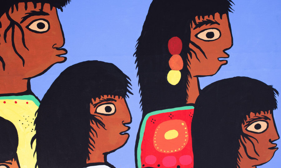 A colorful mural depicting stylized profiles of five people with exaggerated features. They have dark hair and varied vibrant clothing with geometric patterns. The background is a solid light blue.
