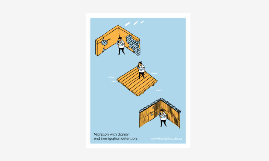 Illustration showing three settings of detention: a detainee in a brick cell, another on a floating platform, and a third behind a wooden fence. Text reads "Migration with dignity: end immigration detention." Website "therepublicstudio.ca" is visible.