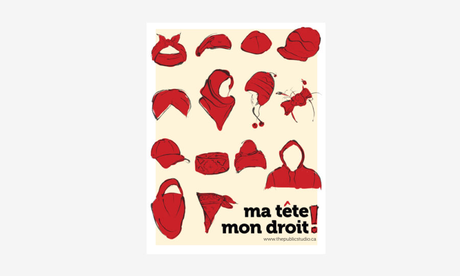 Poster featuring various styles of red head coverings including hats, caps, bandanas, and scarves on a beige background. Text at the bottom reads "ma tête, mon droit!" with a red exclamation point and a website link underneath.