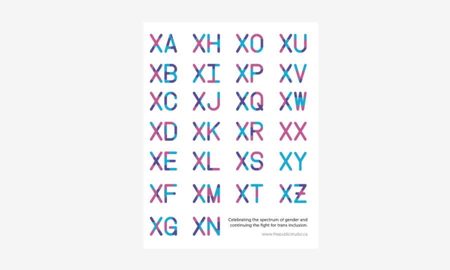 An image showing a grid of two-letter combinations with the letter "X" followed by a letter from "A" to "Z". Each pair is displayed in various shades of blue, pink, and purple. Text below reads, "Celebrating the spectrum of gender and continuing the fight for trans inclusion. www.thexxstudio.ca".