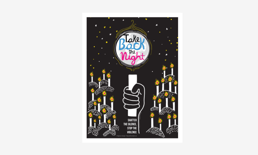Poster for "Take Back the Night" event. A hand holds a candle amid many lit candles against a starry night sky. Text reads "Take Back the Night" in colorful letters above; "Shatter the Silence. Stop the Violence." appears at the bottom.