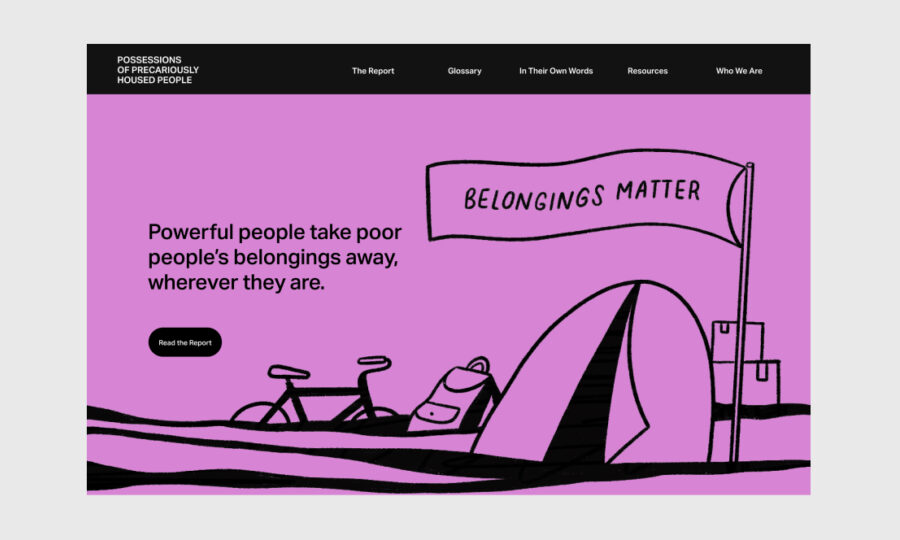 Illustration on a purple background shows a tent, backpack, bicycle, and cardboard boxes with a banner stating "BELONGINGS MATTER." Text beside the illustration reads, "Powerful people take poor people's belongings away, wherever they are.