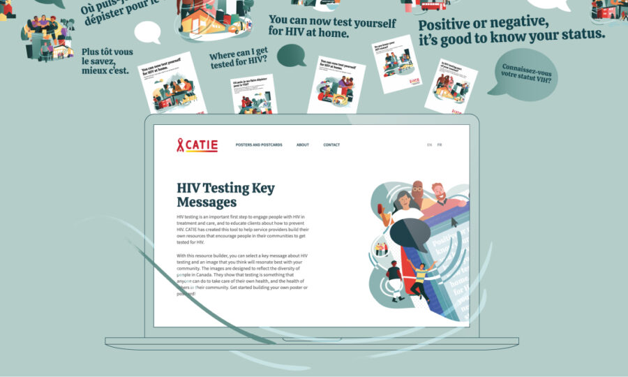An illustration shows a laptop displaying a webpage titled "HIV Testing Key Messages" by CATIE. Surrounding the laptop are various pamphlets and posters on HIV testing, with messages promoting awareness and testing information appearing as speech bubbles.