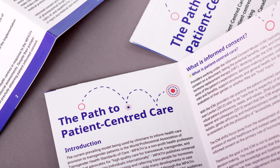 Close-up of a tri-fold brochure titled "The Path to Patient-Centred Care" with text about informed consent and other health-related topics. The brochure features a white background with purple and red accents and text. Copies are spread out on a grey surface.