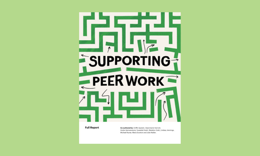 A report cover with a green maze background and the title "Supporting Peer Work" in bold black letters. Various arrows are drawn pointing through the maze. At the bottom, the text reads: "Full Report" with a list of names of contributors underneath.